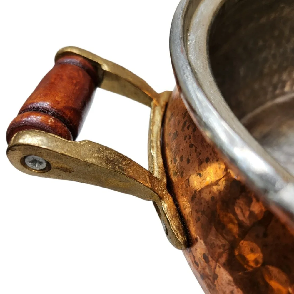 Vintage French Hammered Copper Stock Pot Tin Brass Handles Decorative **NO Lid**